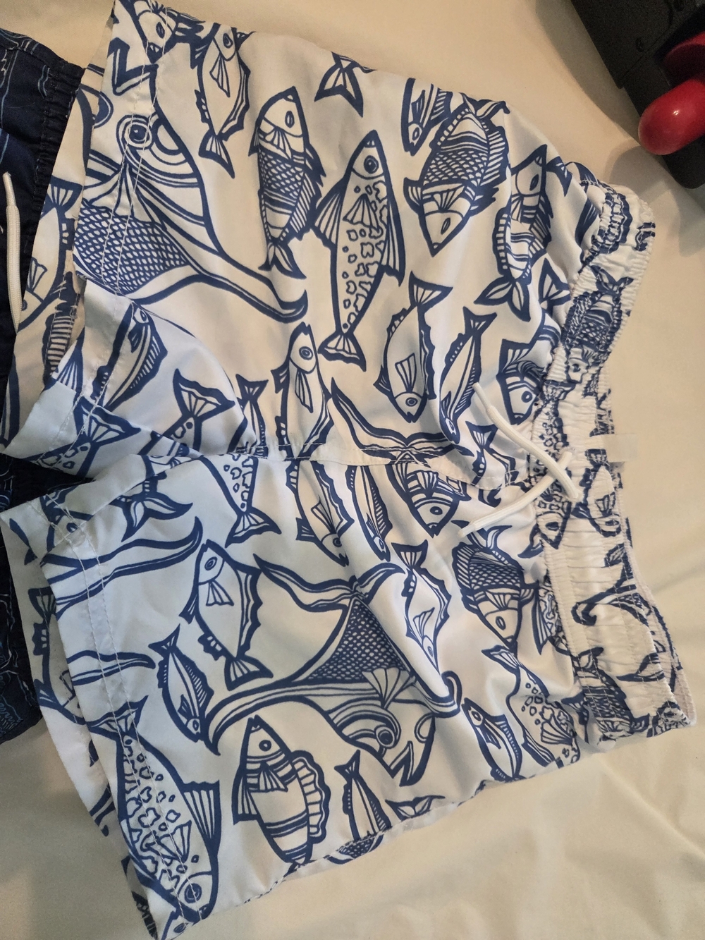 Janie and Jack White Swim Shorts with Blue Fish Print